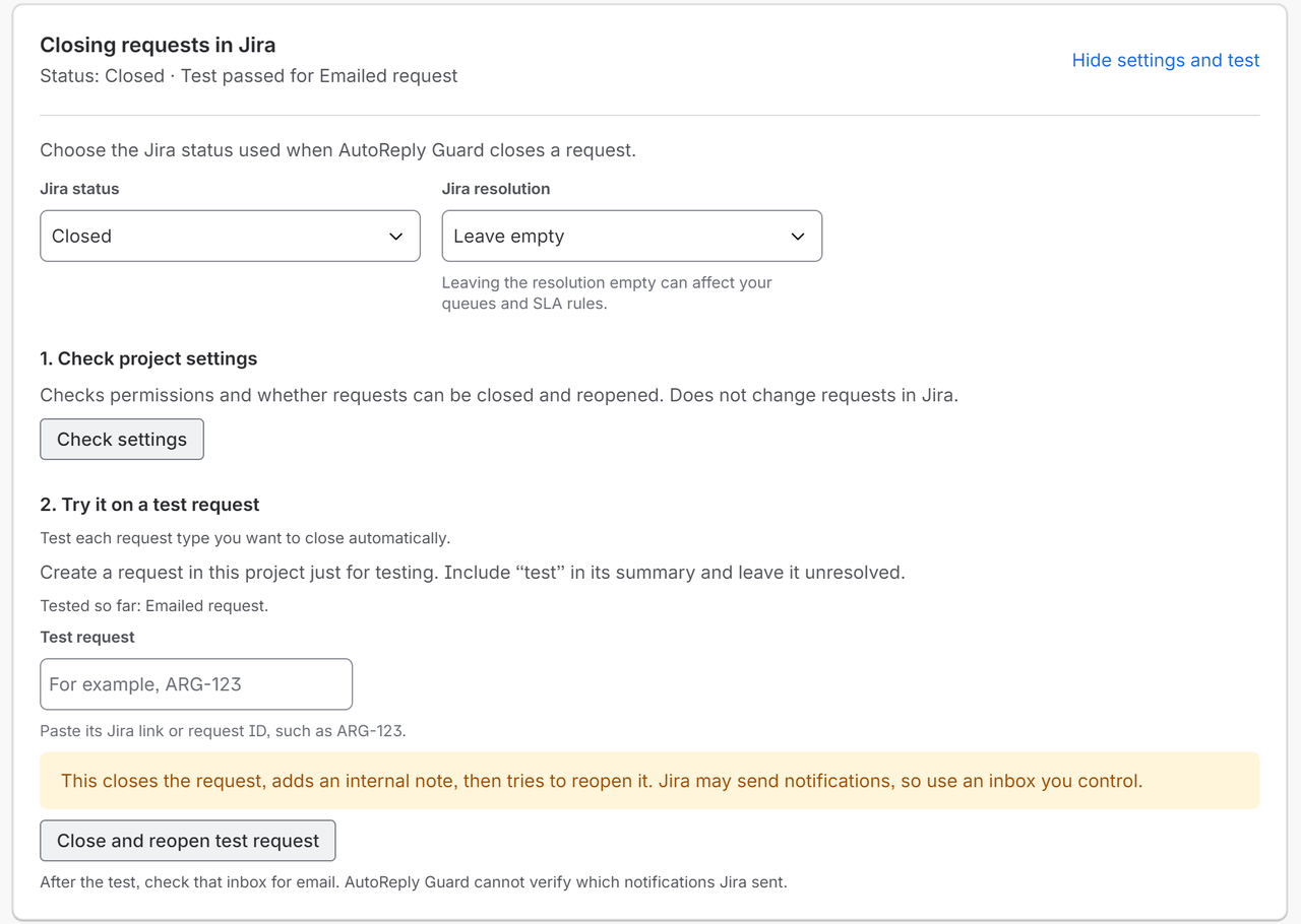 The Closing requests in Jira card, opened. Jira status is Closed and Jira resolution is Leave empty. Step 1, Check project settings, has a Check settings button. Step 2, Try it on a test request, has a Test request field, a warning that the test closes the request, adds an internal note and tries to reopen it, and a Close and reopen test request button.