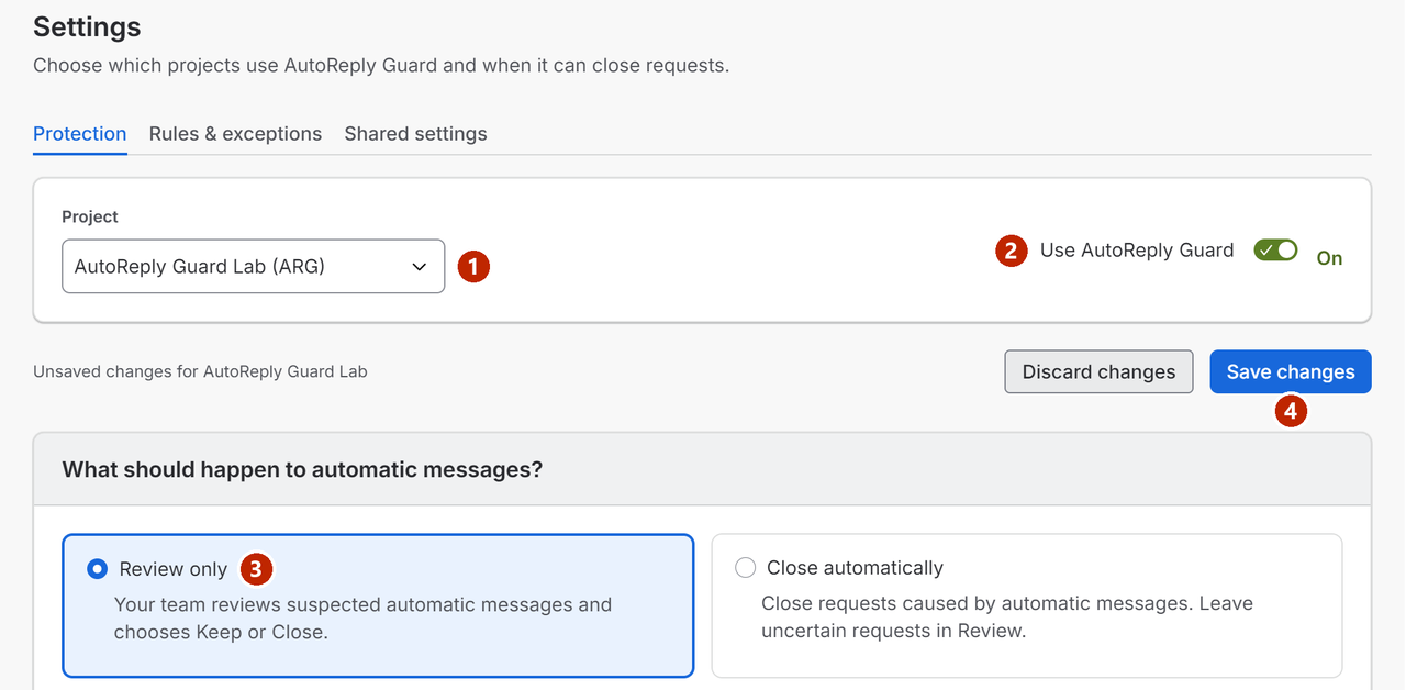 The Protection tab of AutoReply Guard Settings. Marker 1 is on the Project selector, marker 2 on the Use AutoReply Guard switch, which is on, marker 3 on the selected Review only option, and marker 4 on the Save changes button.