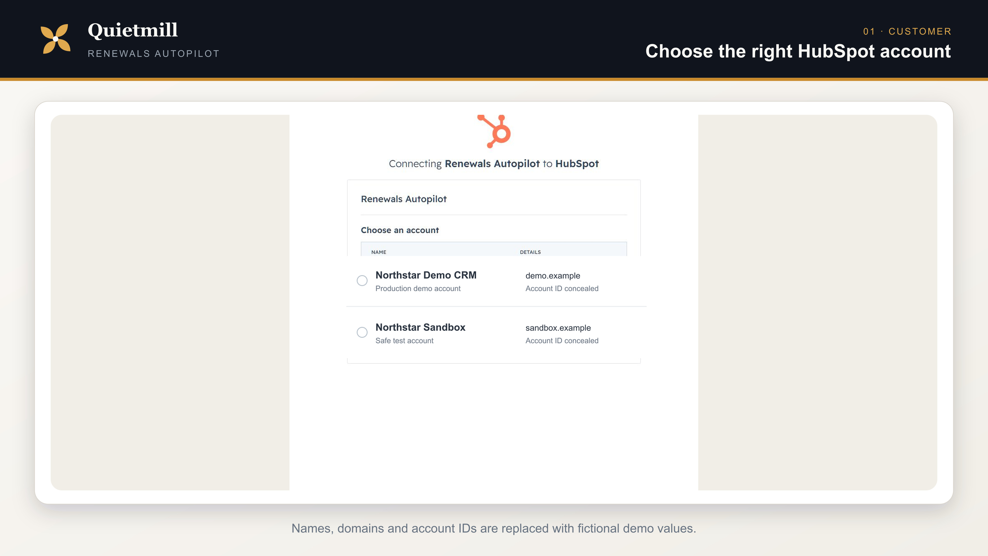 HubSpot account-selection screen with all account names and IDs concealed