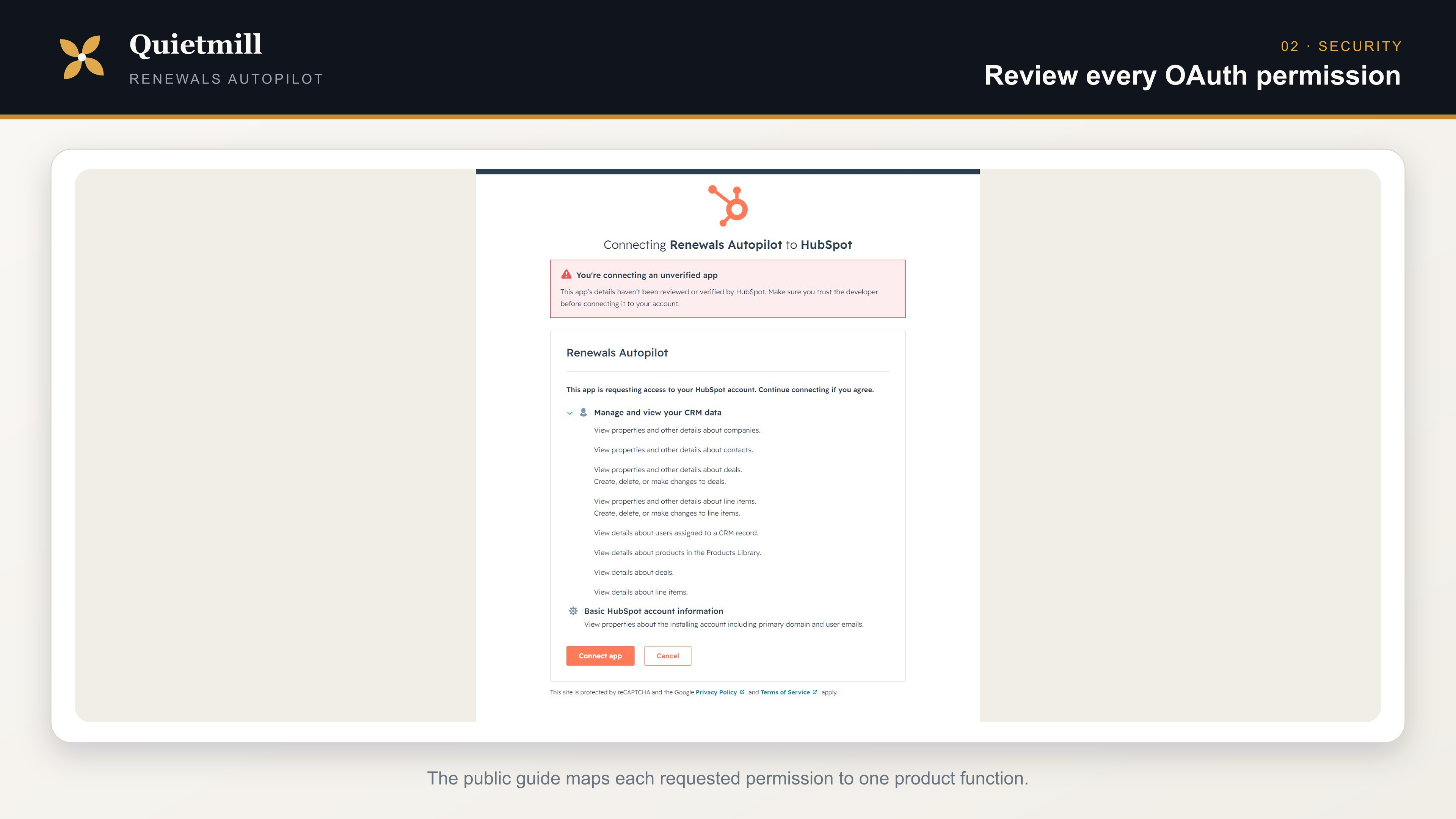 HubSpot OAuth permission screen for Renewals Autopilot with personal identifiers concealed