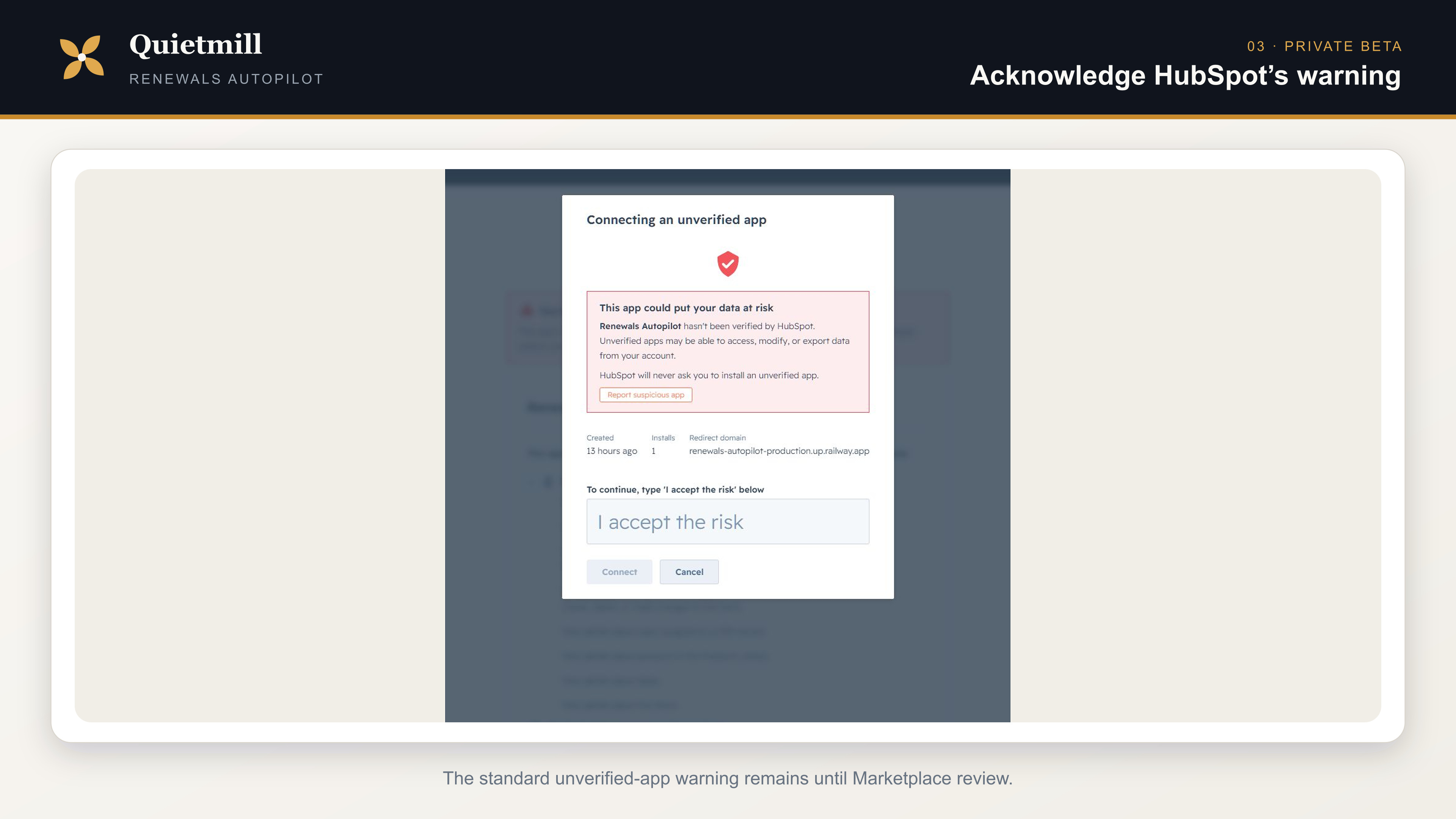 HubSpot unverified-app confirmation for Renewals Autopilot with account identifiers concealed
