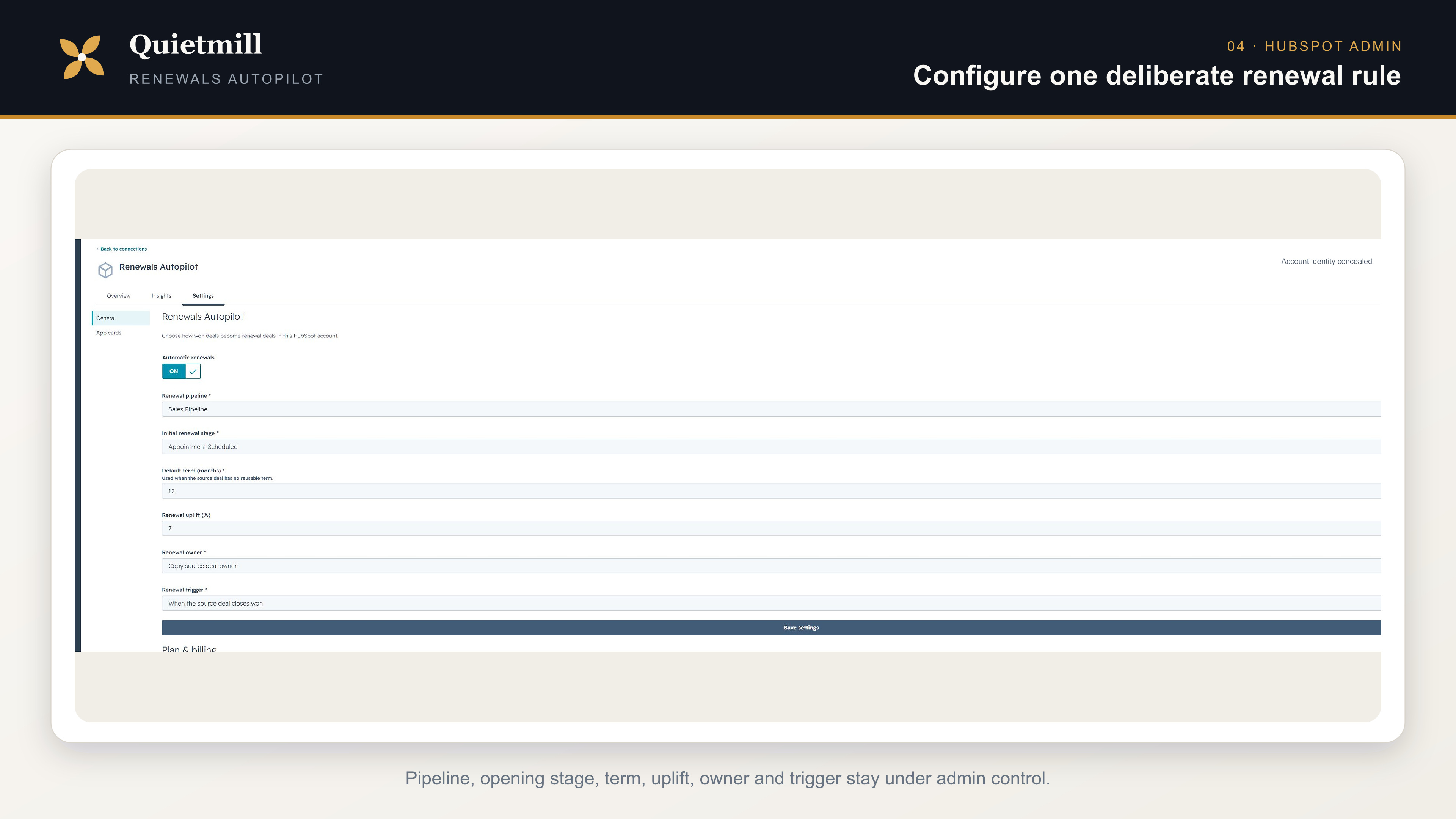 Renewals Autopilot settings in HubSpot using fictional values and concealed account identifiers