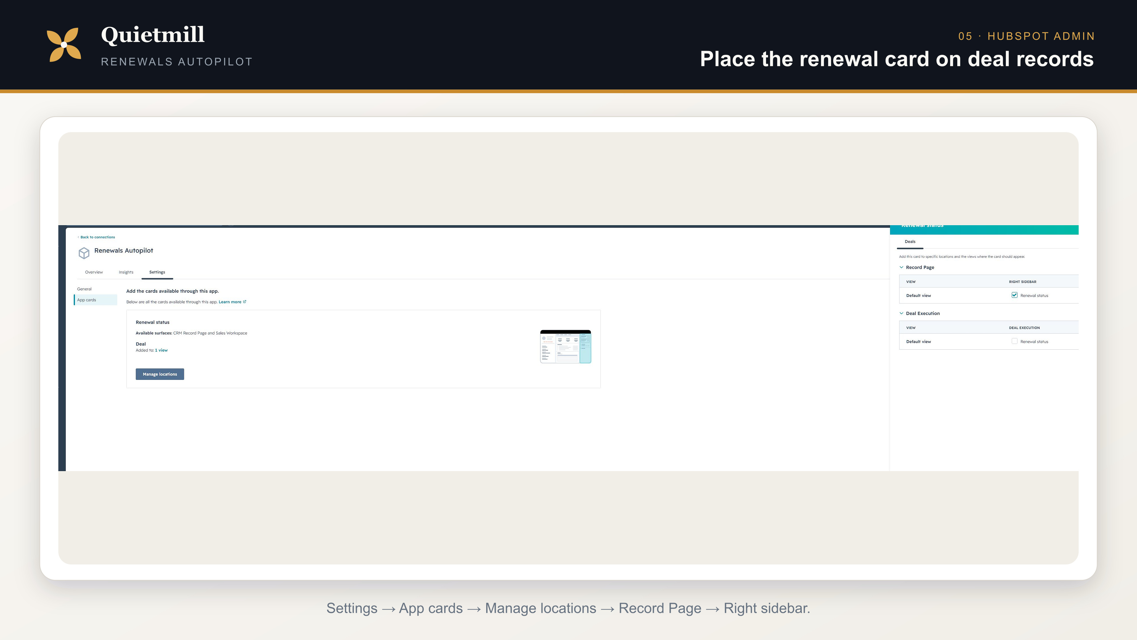 HubSpot app-card location settings with Renewal status selected for the record-page right sidebar