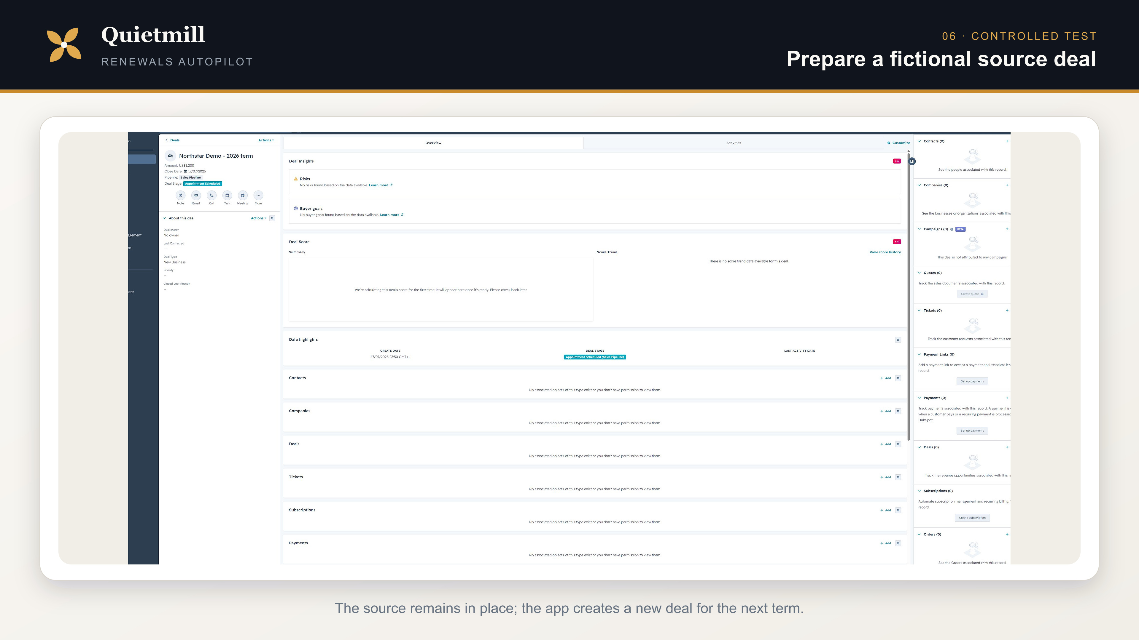 Fictional HubSpot source deal prepared for a Renewals Autopilot test