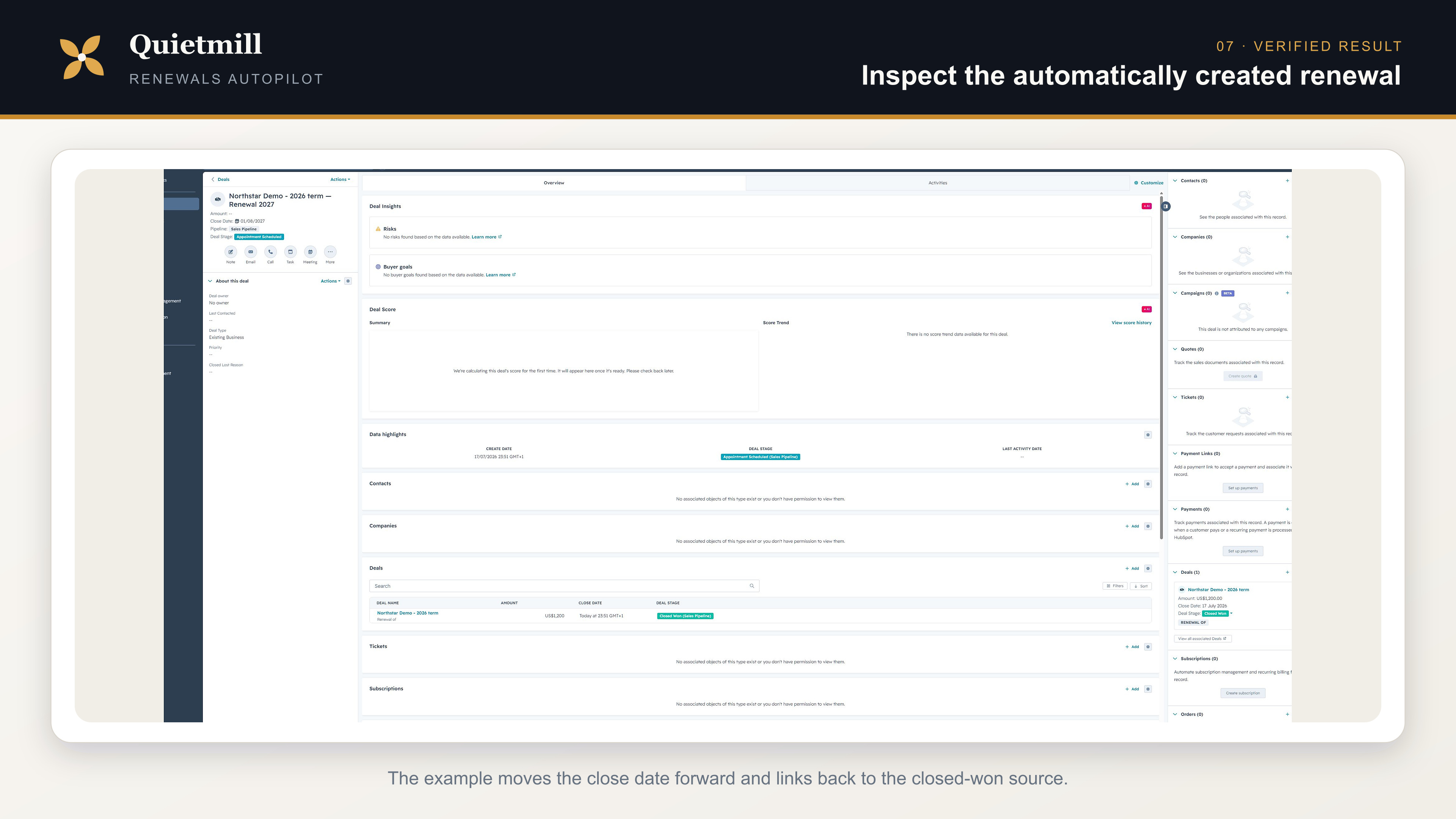 Renewal deal automatically created from fictional HubSpot source data