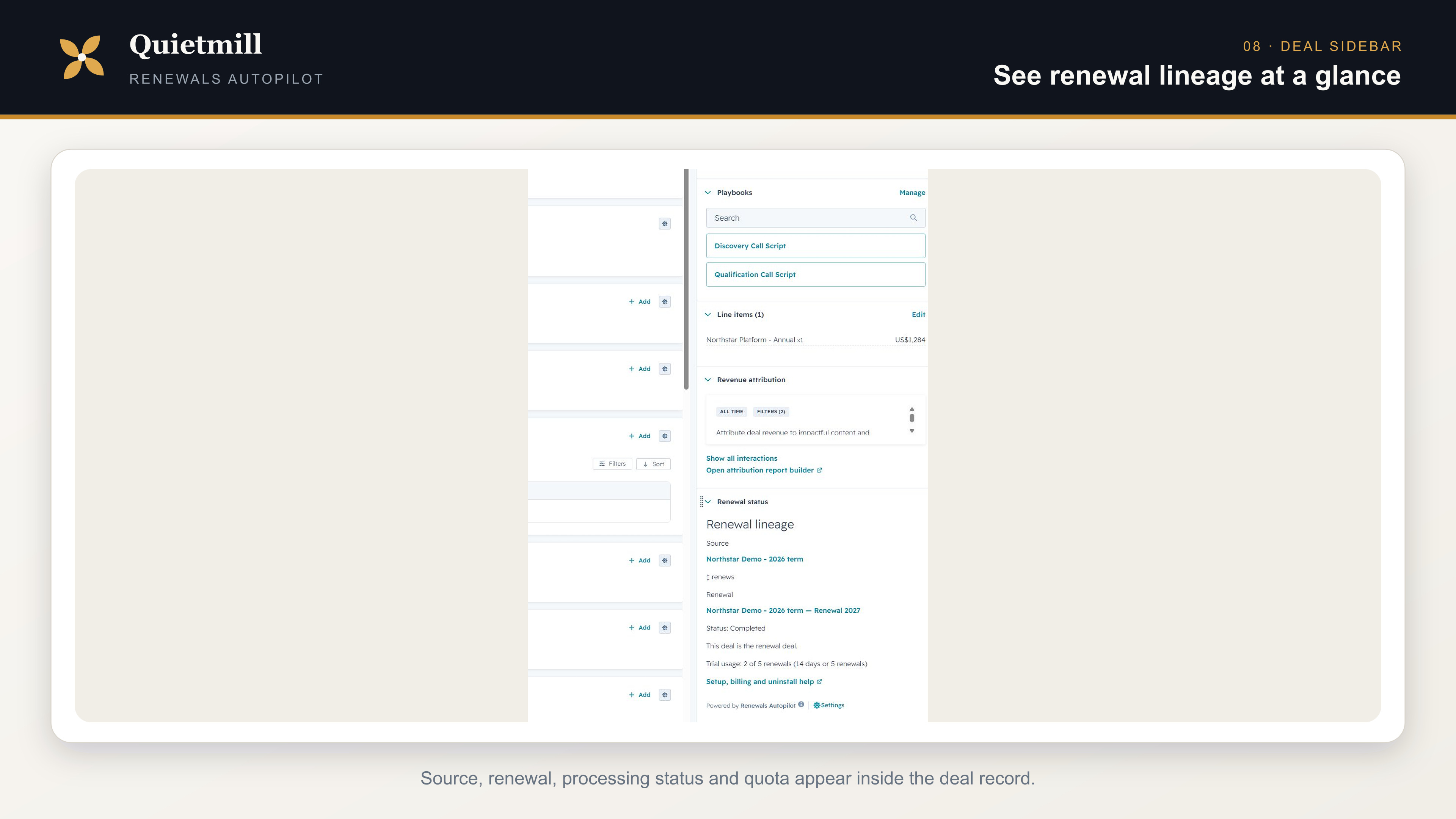 Renewals Autopilot deal sidebar card showing fictional renewal lineage