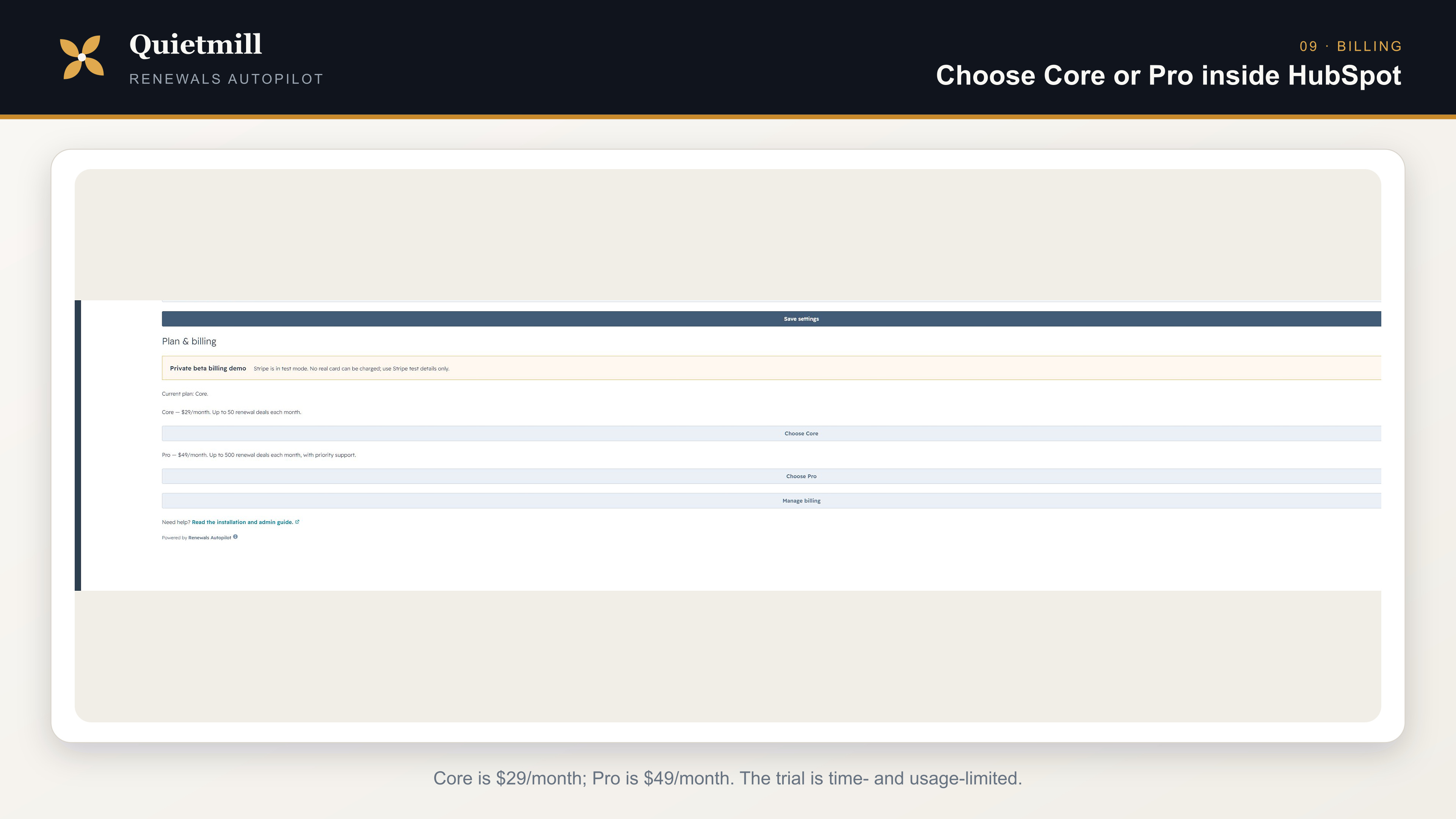 Renewals Autopilot Core and Pro billing controls in HubSpot