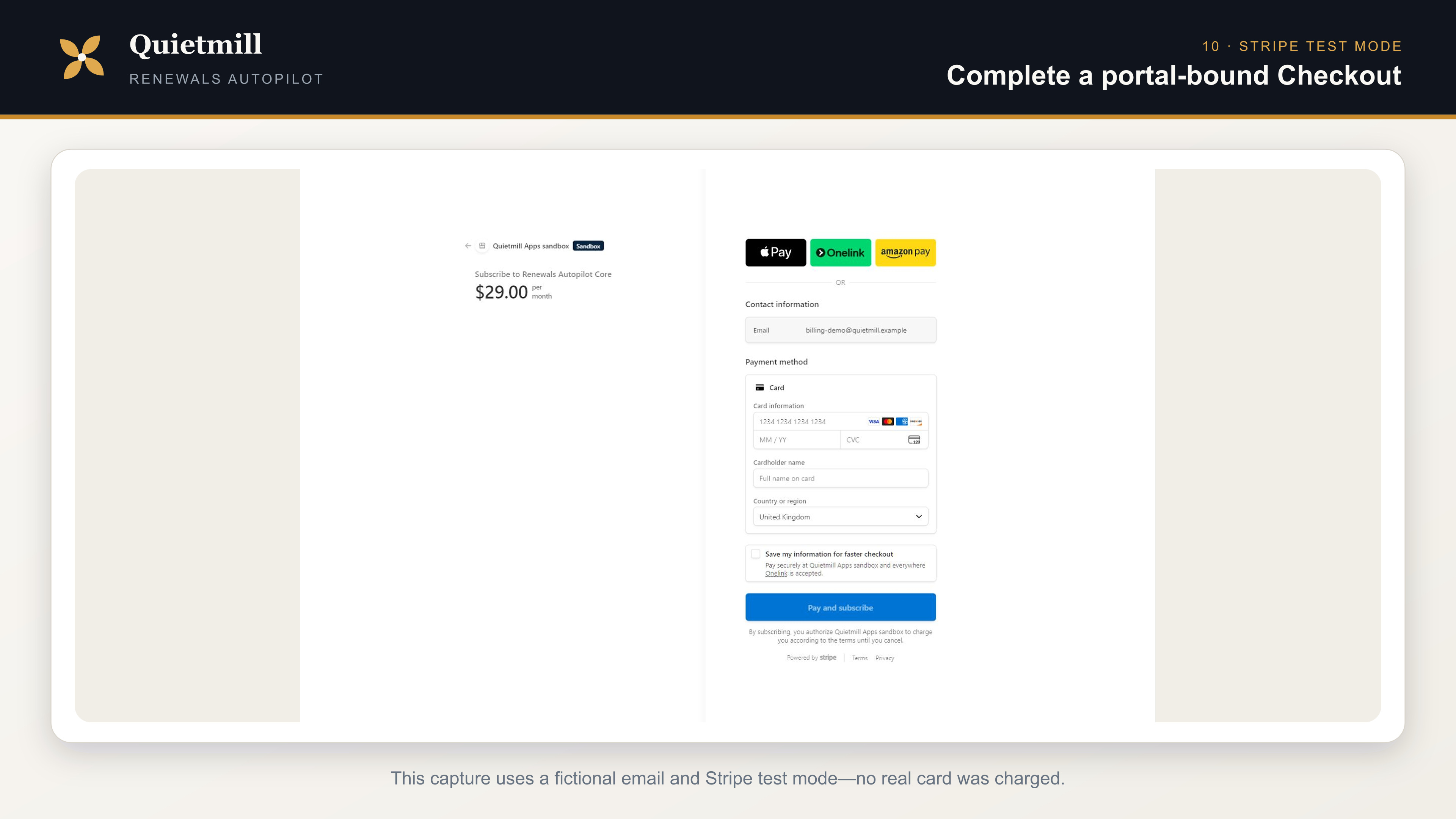 Stripe test Checkout for Renewals Autopilot with fictional customer data