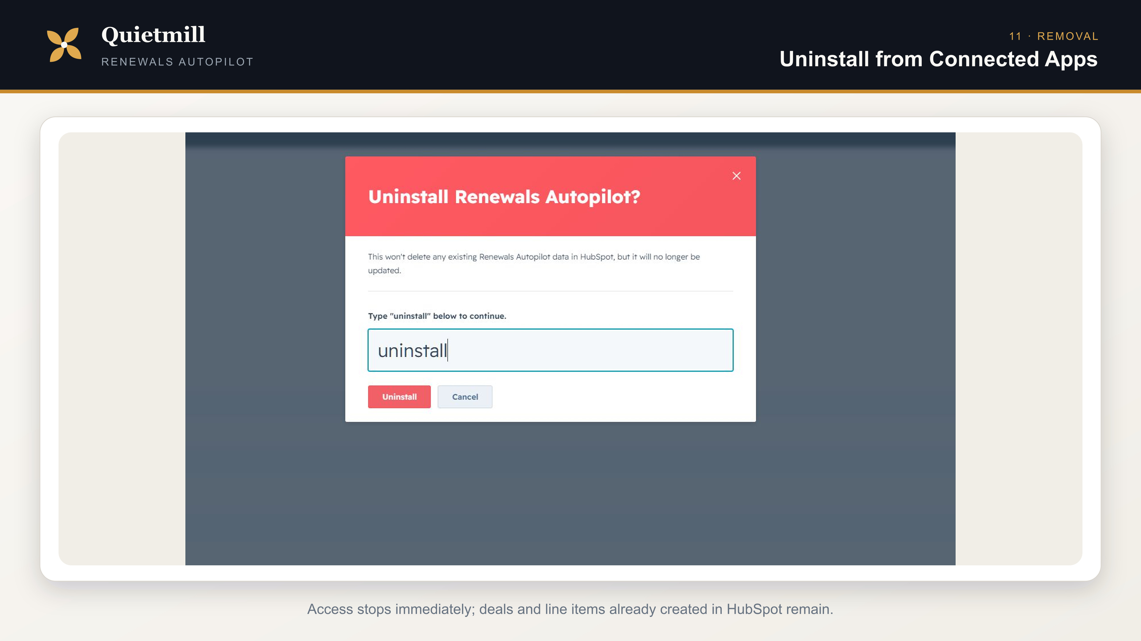 HubSpot uninstall confirmation for Renewals Autopilot with account identifiers concealed